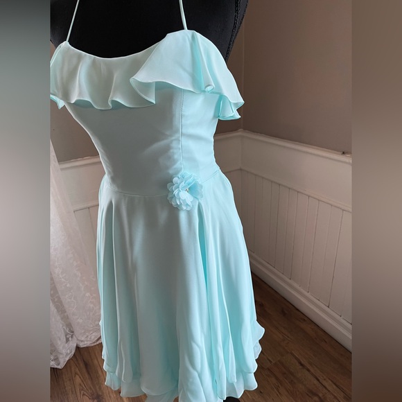 Mori-Lee Elegant Aqua Off-Shoulder Dress - Picture 3 of 8